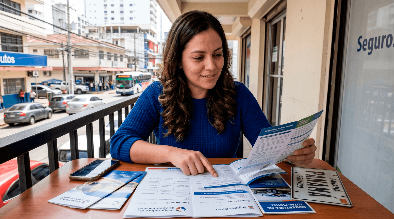 Conductora analizando contratos para saber cómo elegir aseguradora de auto en Panamá con el respaldo de un corredor.